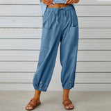 Loose High Waist Button Cotton And Linen Trousers Cropped