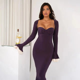 Solid Long Flared Two-piece Crop Sleeve Midi Dress- Outfit