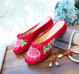 Zingj Retro Plate Buckle Decoration Peony Embroidered Canvas Summer Color Cool Slippers