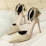 Zingj Korean Version Of Sweet Women's Shoes Fine Heel High Heel Shallow Mouth Pointed Silk Hollow Bow After A Word With