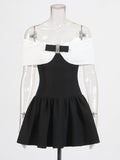 Fashion Temperament Dress Women 2025 Spring New Word Shoulder Black And White Colliding Design Design Sense Short
