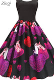 Summer Vintage Dress Women Spaghetti Strap Floral Print High Waist Elegant Sleeveless A-Line Party Midi Dress Robe