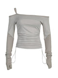Off Shoulder Solid Crop Top Women Chic Side Drawstring Bandage Long Sleeve T Shirt y2k Stitched Fall Clothing