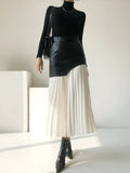 Korean Version Style 2025 Summer New Mid-Waist Pu Leather Stitching Pleated Contrast Color Women's Zipper Door Skirt Skirt