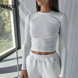 O Neck Long Sleeve Shirt Women Ribbed Sexy Cropped Tops Spring Black Casual Skinny Slim Basic Woman T Shirts