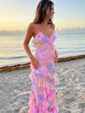 Zingj V Neck Colorful Ruffles Sling Dress Women Backless Sleeveless Slim Floor Length Robes 2024 Lady Beach Holiday Vestidos 211-0-Outfit