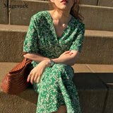 Women Korea Chic Summer Dress Printed Flower V-neck Dress for Women Casual High Waist Mid Length Dress Vestido