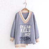 and winter 2021 new fashion wild V-neck irregular hem letter printed pullover sweater sweater