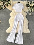 2024 Y2k Women Sets Short Skinny Crop Tops+Long Flare Pants Simple Style Fashion Streetwear Casual Two Pieces