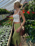 Bow High Waist Midi Skirts 2022 Outfits Streetwear Sexy Bodycon Slit Green Summer Skirts Women Party Holiday