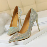 Zingj Korean Version Of Fashion Banquet Women's Shoes Thin Heel Shallow Mouth Pointed Head Sexy Show Thin Water Diamond Color Diamond High Heel Single