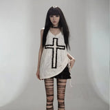 Aesthetic Tank Top Women Gothic Punk Cross Patchwork Harajuku Streetwear Sleeveless Tee Pleated Bandage Fairy Grunge
