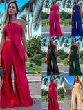 Solid Female Pant Two piece Set Skew Collar Sleeveless Top High Waist Wide Leg Pants Suit Elegant Evening Party Women