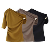 Bare Shoulder Metal Set Asymmetric Top 2025 Spring And Summer Folding Trim Short-Sleeved Women's