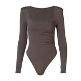 Women Autumn Winter Long Sleeve Square Collar Bodycon Soild Color Bodysuit Romper Playsuit 2020 Fall Clothes