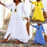 Spot 2025 Women's Summer And Autumn Bohemia Pure Color V-Neck Loose Long-Sleeved Cotton Linen