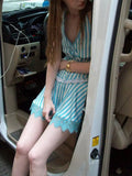 Color Green Stripe Lace Tie Neck Dress Summer New Sexy Style Waist Waist Slim