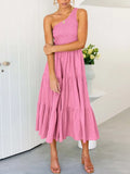 Summer Green Long Dress Women Elegant One Shoulder Dress Ladies Floral Print Maxi Party Pleated Dress For