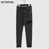 Chic Irregular Ripped Holes Women Pencil Denim Jeans Stylish High Waist Stretched Female Skinny Denim Pants 2021