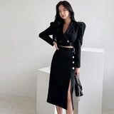 Han Queen Womens OL 2 Pieces Suits Short Suit Jacket Crop Top + Single-breasted Split Sheath Bodycon Pencil Skirt New Work