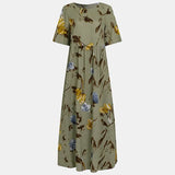 Floral Long Dress Women Summer Elegant Linen Short Sleeve Boho Maxi Dress Female Holiday Sundress Party Dresses
