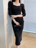 Women Summer New Elegant Slim Waist Solid Midi Office Lady Dress Bodycon Fashion