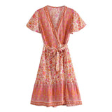 Queens Women Pink Floral Print Cross V-neck Wrap Beach Bohemian Mini Dress Ladies Short Sleeve Rayon Boho