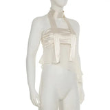 Satin Patchwork Mesh Bandage Crop Top- Outfit