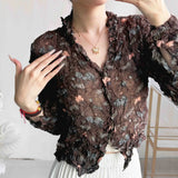 Folded Print Folding Shirt 2025 Summer New Cardigan Blouse Retro Temperament Wrinkled