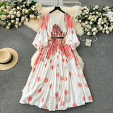 Zingj New Women's Dress Dress Oversized Printed Pleated Pleated Waist Belt Holiday