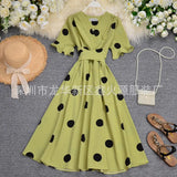 Zingj Big Wave Point Foreign Air Horn Short Sleeve Temperament V Neck Tie Closed Waist Show Thin Long Dress Female Summer