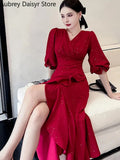 Midi Red Mermaid Dress Women Autumn Korean Sexy V-neck Irregular Sequins Dress Vintage Casual Evening Party Dress