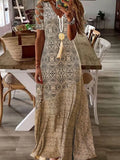 Summer Beach Sundress Robe Female Casual Vintage Printed Loose Beach Long Dress Women Hollow Out Short Sleeve