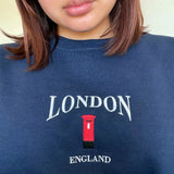 London Telephone Booth Embroidered Fleece Pullover- Outfit