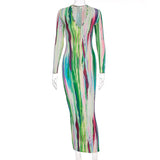 Dye Women Long Maxi Dress Long Sleeve Deep V Neck Bodycon Dresses 2022 Summer New Activewear Sexy Night Club Party