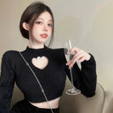Women Hollow Out Sweaters Sexy Ladies Solid Tops Expose Navel Lint Knitted Long Sleeves Soft