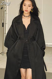 Autumn Long Flowy Dark Green Trench Coat for Women Belt Single Breasted Luxury Designer Women Clothing 2023 New