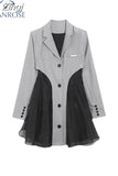 Dress Tulle Patchwork Women Fall Popular Dress Design Stylish Ladies Solid Retro Button Temperament Dress Chic