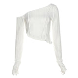 Autumn 2021 New Women's Solid-Color Fashion Slanted Shoulder Sexy Perspective Long-Sleeved T-Shirt In Wood