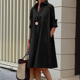 Long Sleeve Loose Party Dresses Autumn New Turn Down Collar Button-up Shirts Dress Women Office Casual Solid Midi