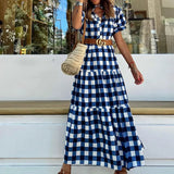 Spot 2025 Summer New Fashion Stand Collar Short Sleeve Bohemian Medium Long Plaid