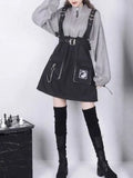 Women Gothic Punk Lolita Dress Casual High Waist Long Sleeve Girl Fake Two Piece Contrast Patchwork Dresses+Belt