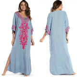 Indie Folk Lace Up V-Neck Batwing Sleeve Summer Beach Dress Tunic Women Beachwear kaftan Maxi Dress Robe Sarong