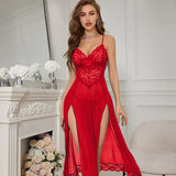 Zingj Sex Underwear Sexy Female Lace Mesh Slit Long Skirt Home Clothes Sex