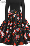 Print Vintage Dress Women Christmas Casual Robe Femme Dress Elegant Party Dresses Long Sleeve