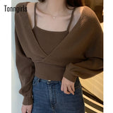Vintage Fake Two-piece T-shirt Long Sleeve Halter Black Tops Knit Slim Sweater Tops Women Autumn Sexy Female Tee