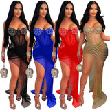 Zingj Fashion Women's Sexy Mesh Hot Diamond Long Skirt