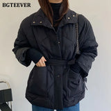 Winter Thick Cotton Padded Coats Women Single-breasted Zippers Lace-up Female Parkas Stand Collar Female