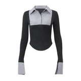 Stripe Splice Polo Neck Long Sleeve BlouseOutfit