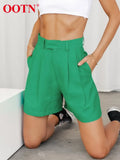Casual Green High Waist Shorts Women Summer Street Pure Cotton Wide Leg Shorts All-Match Pleated Sports Women'S Shorts
